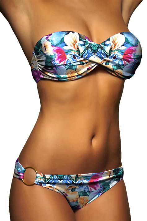 Twist Push Up Bandeau Bikini Set Blau Beige Blumen 044 ALZORA