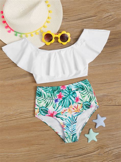 Girls Tropical Flounce High Waisted Bikini Swimsuit SHEIN UK