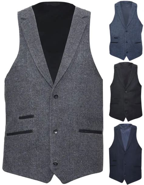 Mens Classic 1920s Wool Waistcoat Tweed Herringbone Retro Vintage Peaky Blinder Eur 42 01