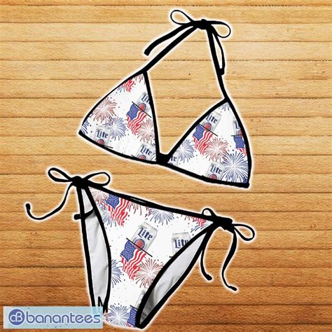 Miller Lite American Flag Fireworks String Bikini Set Swimsuit Beach