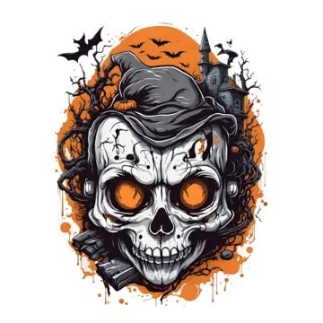 Angry Skull Wearing Hat With Spooky Halloween Pumpkins And Flying Bats