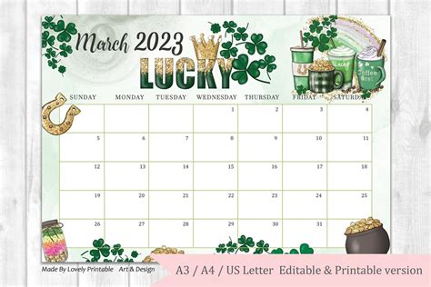 Editable March Calendar Happy St Patrick S Day With Etsy