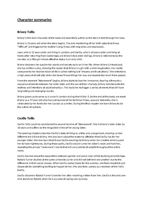 Character Summaries for English A Level - Atonement Notes - Studocu