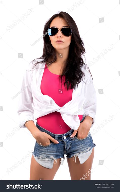 Beautiful Sexy Brunette Girl Shorts White Stock Photo Shutterstock