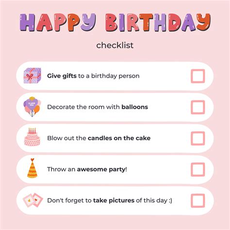 Happy Birthday checklist about party, celebration, holiday with cute
