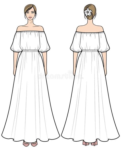 Maxi Dress With Long Sleeves And Stand Up Collar Fashion Sketch Stock