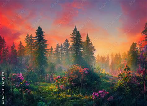 Colorful Sunset Forest Scenery With Beautiful Trees And Plants Natural