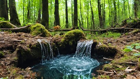 Crystal Clean Spring Water Under The Big Forest Birds Chirping