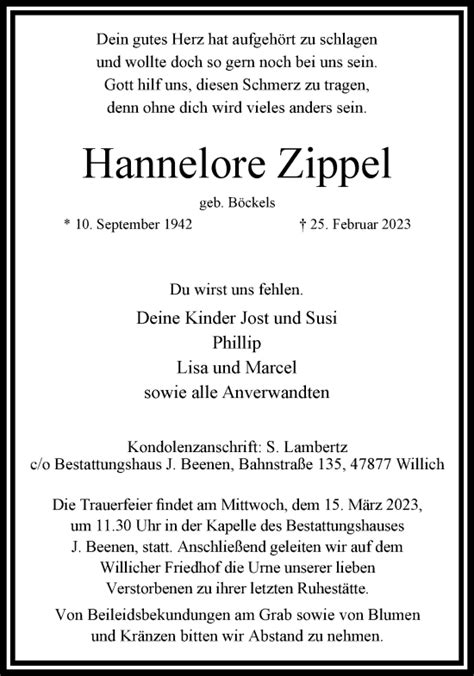 Traueranzeigen Von Hannelore Zippel Trauer Und Gedenken