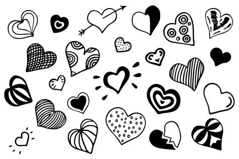 A set of hearts in the style of a doodle. The heart pattern is isolated on a white background ...