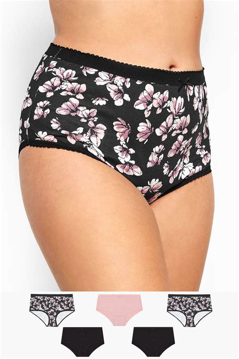 5 Pack Black And Pink Large Floral Print Full Briefs Yours Clothing