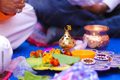 Indian traditional wedding ceremony : Decorative puja thali Stock Photo | Adobe Stock