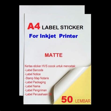 Jual KERTAS STICkER A4 FOR INKJET PRINTER Isi 50 Lembar Jakarta Barat