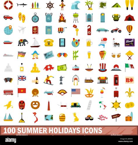 100 Summer Holidays Icons Set Flat Style Stock Vector Image Art Alamy