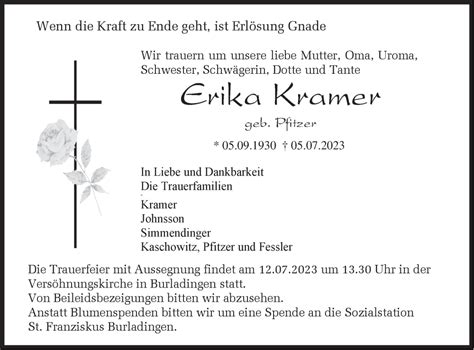 Traueranzeigen Von Erika Kramer S Dwest Presse Trauer