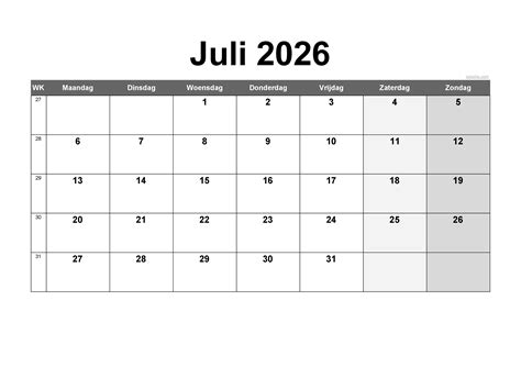 juli  kalender nederland  excel