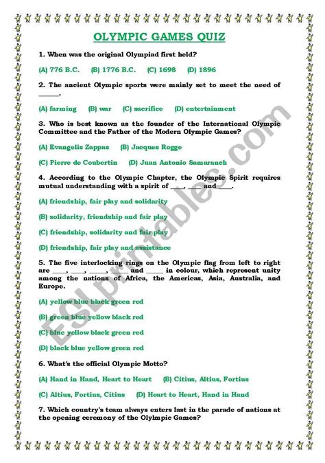 Olympic Games Quiz Esl Worksheet By Miriane