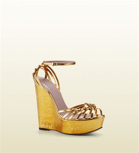 Gucci Alice Metallic Leather High Heel Wedge Sandal In Metallic Lyst