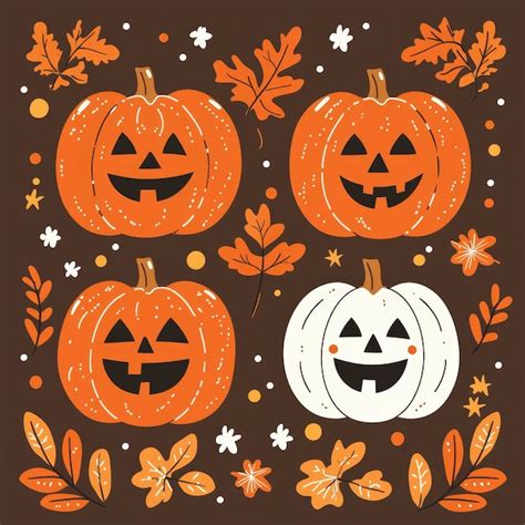 Cute Halloween Pumpkins With Autumn Leaves Pattern Premium AI