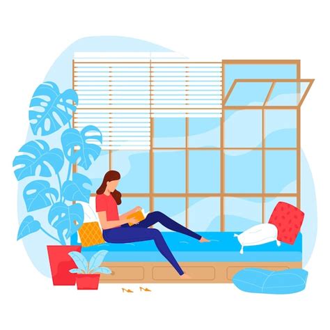 Premium Vector Woman Reading Book On Window Seat In Cozy Room With