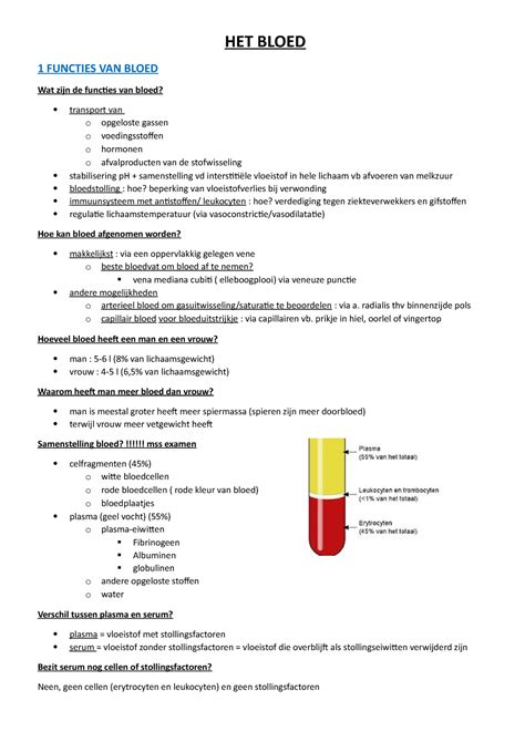 Het Bloed Onderdeel Van Anatomie En Fysiologie Het Bloed Functies