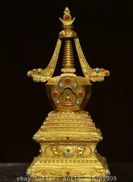 Tibet Buddhism Marked Copper Gilt Inlay Gemstones Buddha Stupa