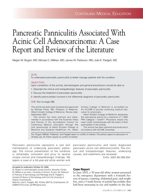 Pancreatic Panniculitis Associated With Acinic Cell Adenocarcinoma A