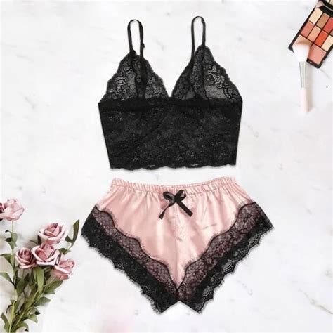Femmes New Sexy Lace Lingerie Silk Sling Underwear Sleepwear Pyjama Sets Rose A Rose