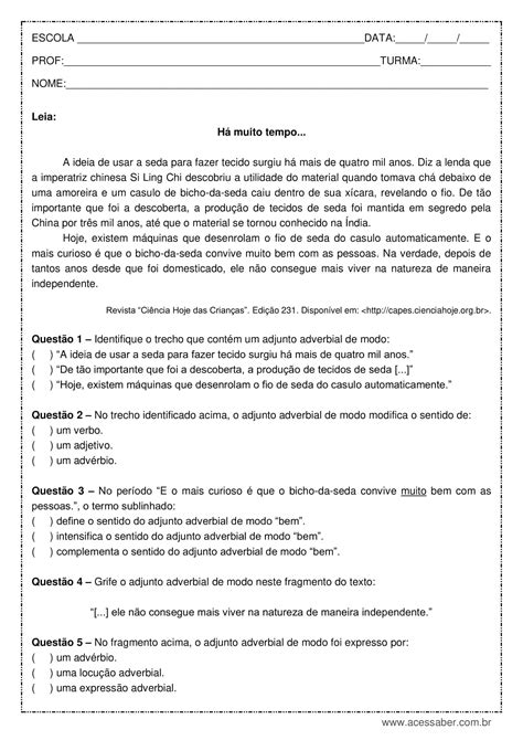 Atividade Sobre Adjunto Adverbial