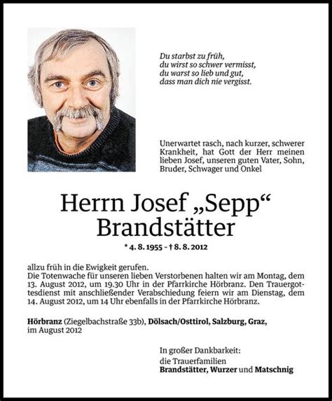 Todesanzeigen Von Josef Sepp Brandst Tter Todesanzeigen Vorarlberger