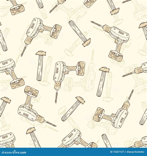 Seamless Vector Pattern With Drills And Hammers Stock Illustration