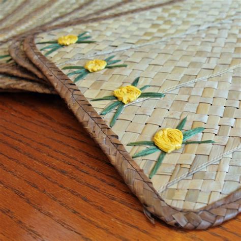 Vintage Wicker Woven Placemats Set Of 6 With Yellow And Green Flowers