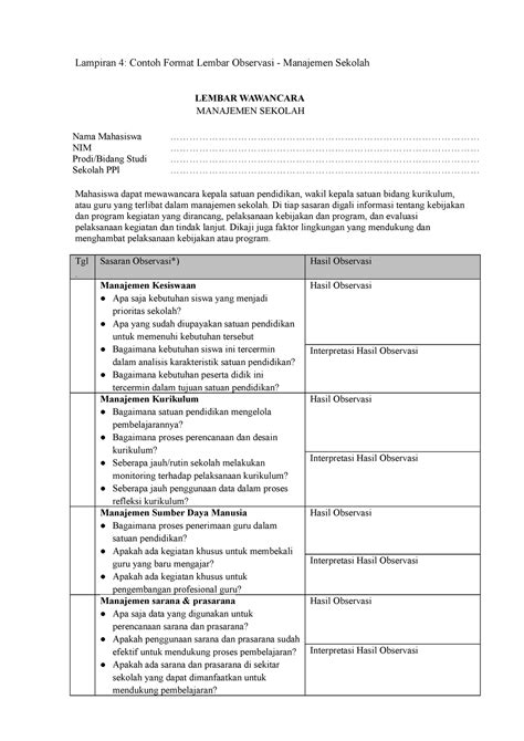 Lampiran 4 Contoh Format Lembar Observasi Manajemen Sekolah