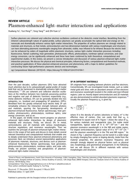 Plasmon Enhanced Light Matter Interactions And Applications Download