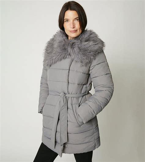 Buy Maine Puffer Faux Fur Collar Belted Coat In Grey 6thstreet Uae