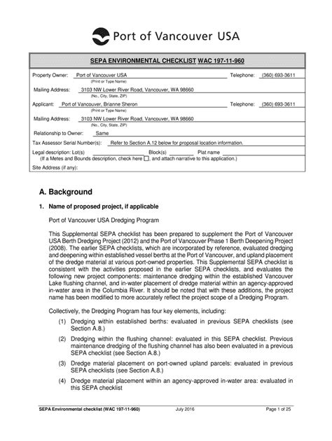 Fillable Online Sepa Checklist Section A Background Washington