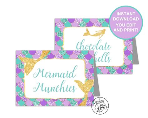 Mermaid Party Tent Cards Printable Editable Mermaid Buffet Etsy