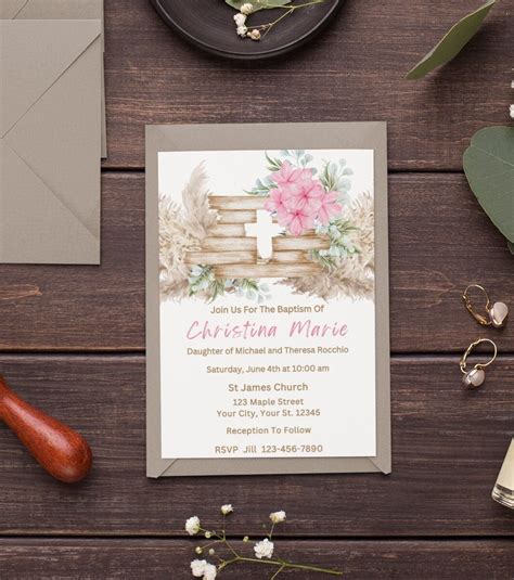 Editable Pampas Grass Baptism Invitation Bohemian Baptism Invitation Boho Baptism Christening