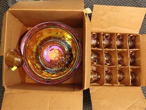 Lot Vintage Carnival Glass Harvest Punch Bowl Set With Bowl 12 Cups Hooks And Ladle Has