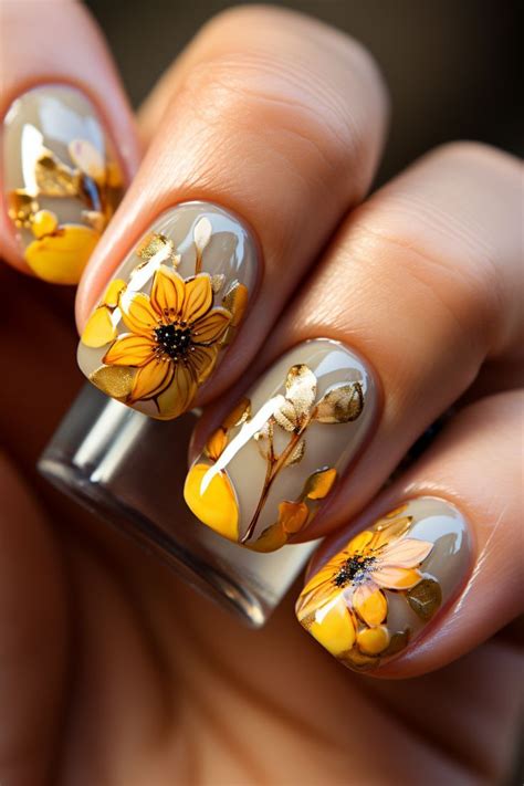 Summer Nails Sunflower Nails Yellow Petals Brown Center Floral