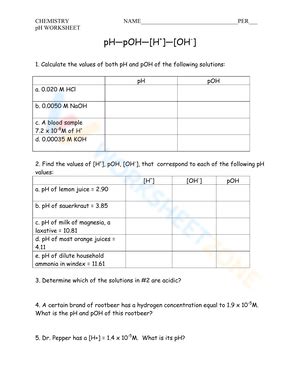 PH And POH Worksheet Practice Problems And Solutions