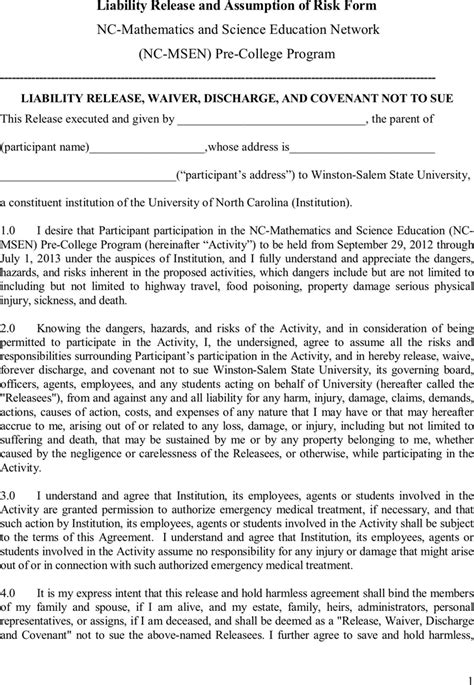 Free North Carolina Liability Release Form Pdf 18kb 2 Page S