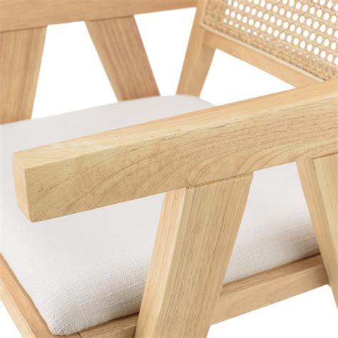 Fauteuil bois dHévéa assise tissu blanc dossier rotin naturel AGATHE