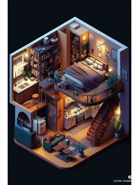 An Aerial View Of A Bedroom And Living Room In A House With Stairs