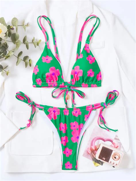Sexy Floral Micro Triangle Thong Brazilian Bikini Sunnybikinis