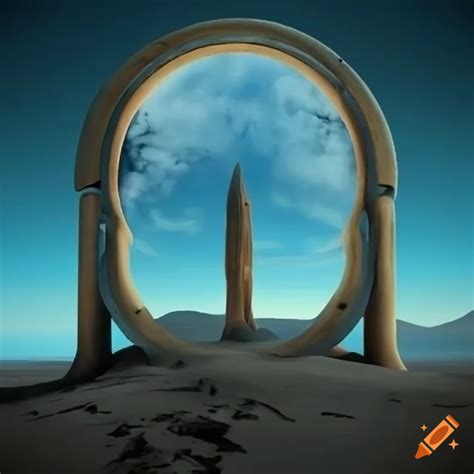 Interdimensional portal gateway in a barren landscape on Craiyon