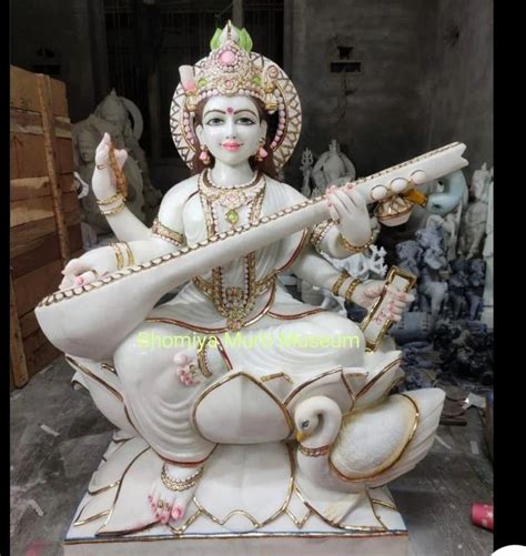 Painted Goddess Saraswati Marble Sarasvati Mata Statue At In Jaipur