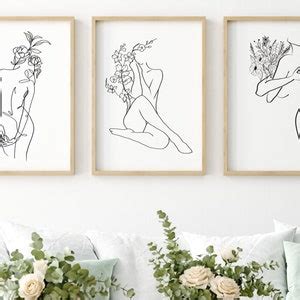 Flower Naked Woman Line Art Set Abstract Woman Body Line Etsy