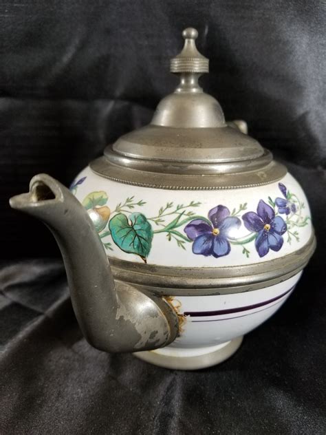 Pewter Trimmed Graniteware Teapot With Flower Decoration Etsy