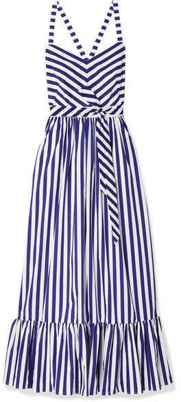 J Crew Ruffled Striped Cotton Poplin Maxi Dress Royal Blue Royal